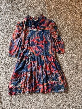 Caballero Sample Abstract Print Tiered Mini
Dress | Ruffle Neck | Boho, size S